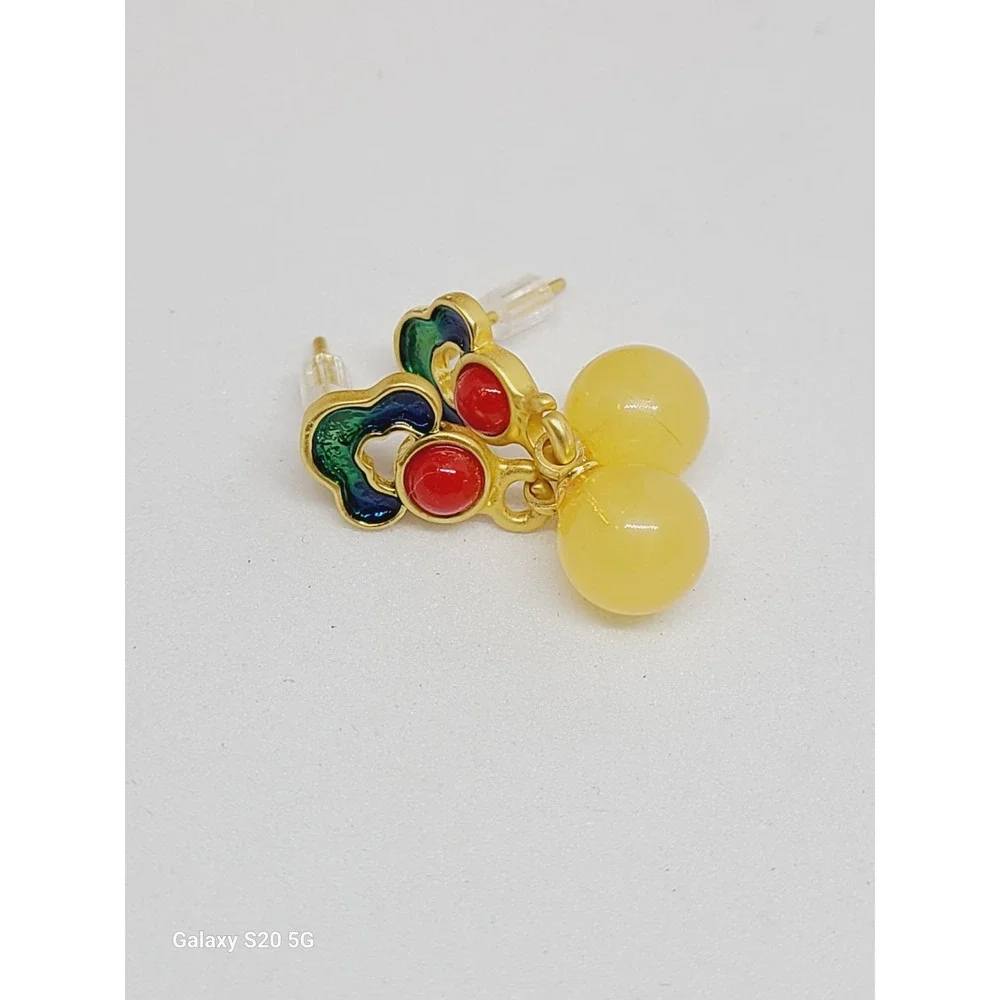 Vintage Style Enamel Drop Earrings Gold Tone Yellow Red‎ Green Blue Beaded Studs